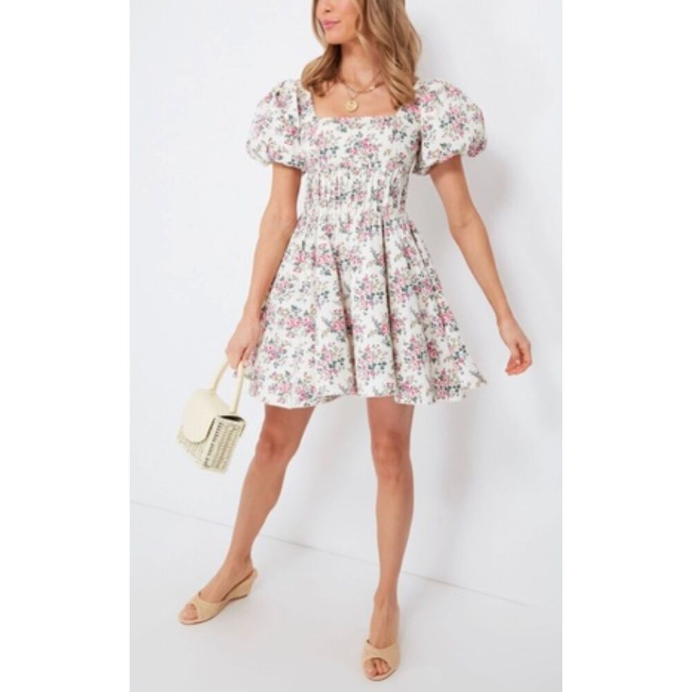 Tuckernuck Hyacinth House Ivory Pink Floral Puff Sleeve Mini Dress Size XS